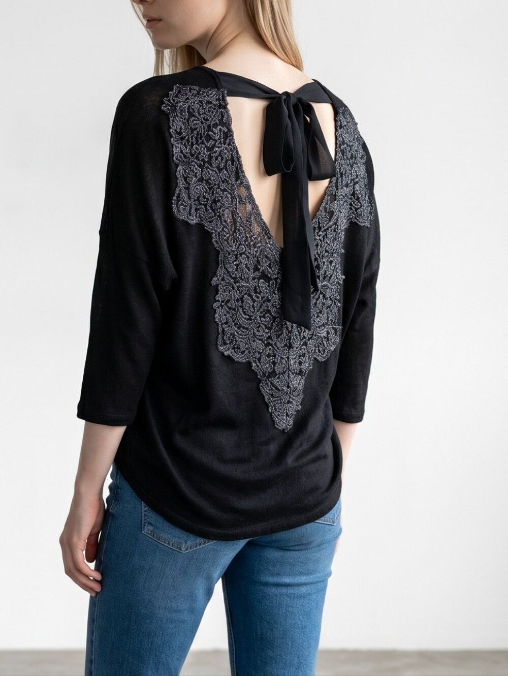 Moa Moa Black Tie-Back Blouse with Silver Embellished V-Neck